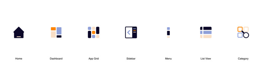Flat UI UX Icons.Dashboard, Menu, and Category Symbols.