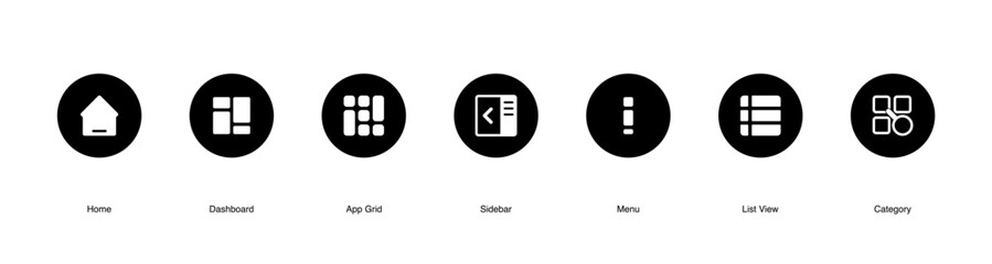 Flat UI UX Icons.Dashboard, Menu, and Category Symbols.
