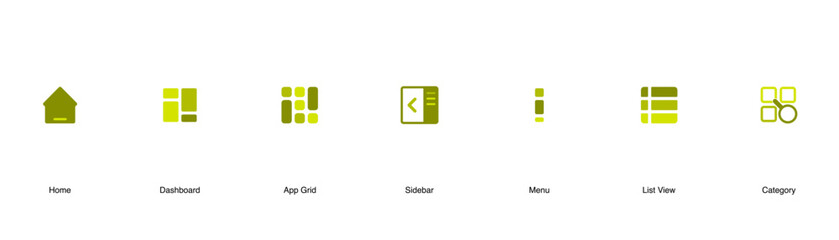 UI Dashboard Navigation Icons Set.Home, Menu, and Grid Symbols.