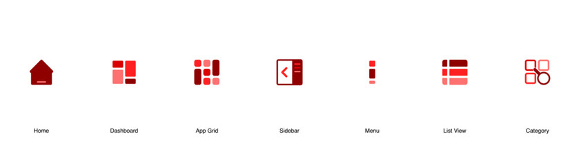 UI Dashboard Navigation Icons Set.Home, Menu, and Grid Symbols.