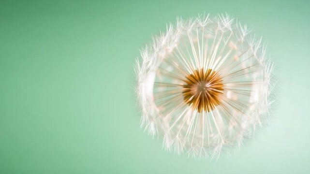 Dandelion seed head on a green backdrop: Capturing the intricate details of a dandelion seed head against a green backdrop, the image evokes a sense of delicacy and the potential for new beginnings. 