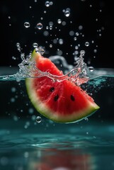 A slice of watermelon splashes into clear water, creating bubbles and ripples. The vibrant red fruit contrasts with the dark background.