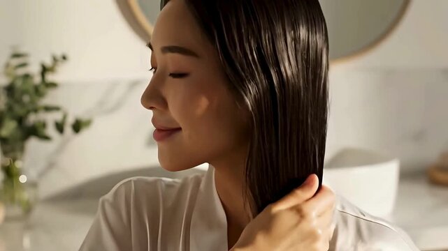 Beautiful woman in robe applying nourishing serum to hair in morning light