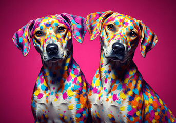 Two loving dogs in their unique fashion style, ready for Valentine’s Day, their bodies covered in colorful hearts. Stock Illustration | Adobe Stock