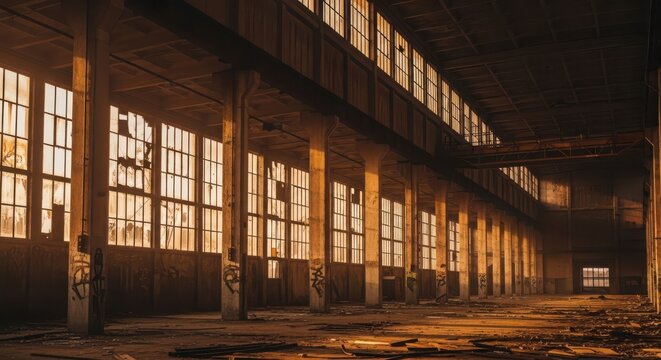 Interior of a large, abandoned industrial warehouse with broken windows and decaying structure, conveying a sense of decay and desolation