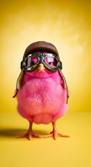 A pink chick wearing vintage aviator goggles and a pilot cap stands against a flat background, embodying a bold spirit of adventure and self-expression, Surreal Vintage Fashion Portrait