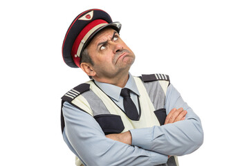 Frustrated male security guard in reflective vest with arms crossed, looking up with angry expression, isolated on white