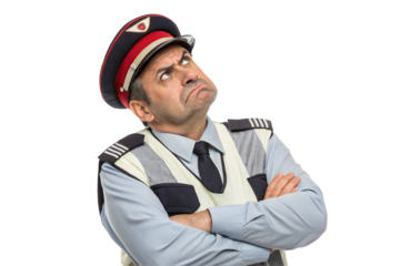 Frustrated male security guard in reflective vest with arms crossed, looking up with angry expression, isolated on white