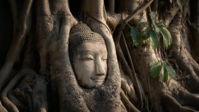 Camera slowly pulls back from the Buddha head entwined in fig tree roots, revealing the ancient temple courtyard bathed in warm sunlight. Perfect for travel, history, and spiritual footage.