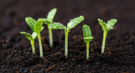 Close up of tiny green seedlings sprouting from dark soil with water droplets on leaves.