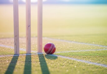 Cricket sport, close-up of a cricket ball placed near the wickets on a green field during bright daylight, for a captivating sports and outdoor scenery at a playground