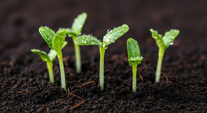 Close up of tiny green seedlings sprouting from dark soil with water droplets on leaves.
