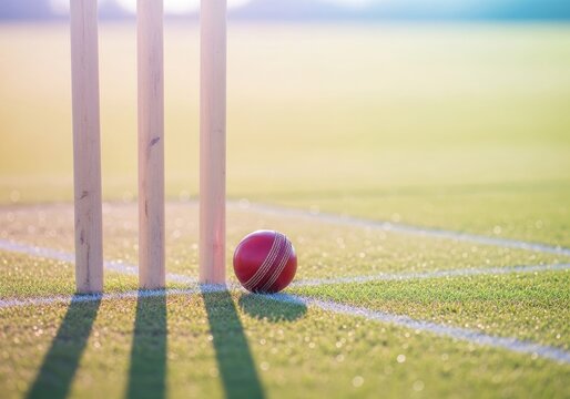 Cricket sport, close-up of a cricket ball placed near the wickets on a green field during bright daylight, for a captivating sports and outdoor scenery at a playground