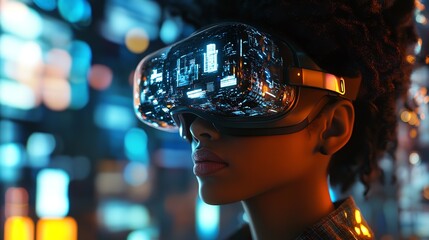 Close up of a young woman wearing vr glasses, immersed in a virtual reality world with digital interface