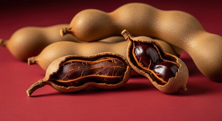 Tamarind pods and seeds on red background