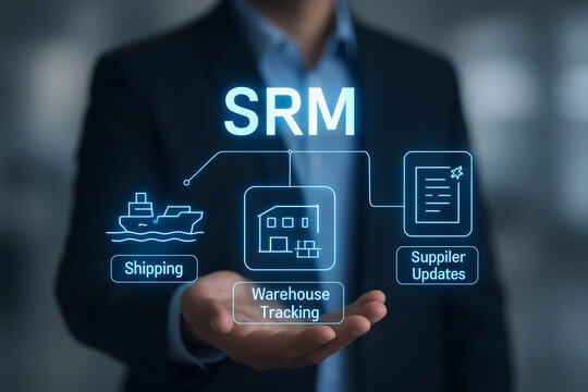 Man presents SRM shipping and warehouse tracking diagram