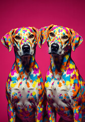 Two loving dogs in their unique fashion style, ready for Valentine’s Day, their bodies covered in colorful hearts. Stock Illustration | Adobe Stock