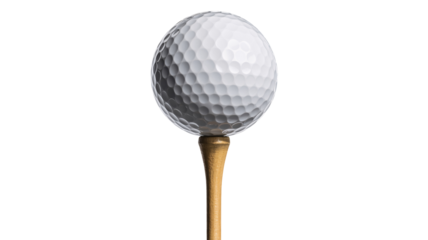 Golf ball on tee close up shot for golfing sport isolated on transparent background
