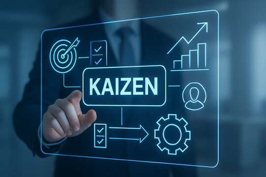 Businessman pointing at Kaizen continuous improvement process on digital screen