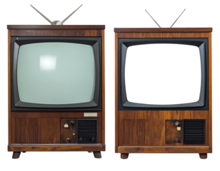 Two vintage wooden televisions, one blank screen
