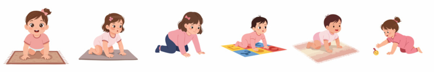 Colorful Cartoon Baby Crawling Sequence on Mat Illustration