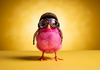 A pink chick wearing vintage aviator goggles and a pilot cap stands against a flat background, embodying a bold spirit of adventure and self-expression, Surreal Vintage Fashion Portrait
