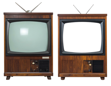 Two vintage wooden televisions, one blank screen