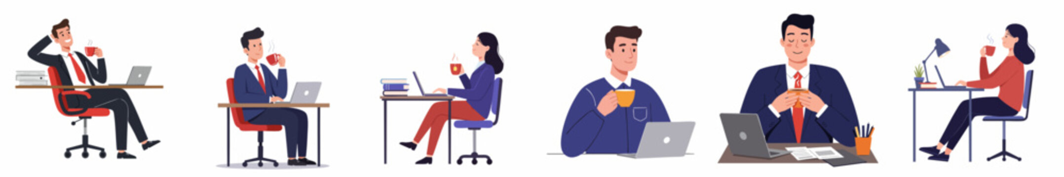 Flat Style Diverse Business People Working at Desk Illustration Set