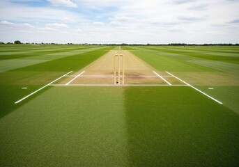 Cricket sport, far off the pitch marked out on a green field with a cloudy sky background, showing the layout and setup for an outdoor sport