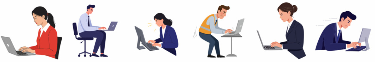 Flat Style Diverse People Working on Laptop Computer Illustration Set