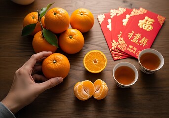 Hand picking a fresh tangerine during Chinese New Year celebration with red envelopes and tea.
