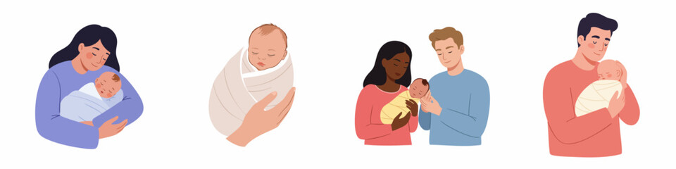 Flat Style Various Parents Holding Newborn Baby Child Illustration Set