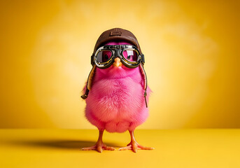 A pink chick wearing vintage aviator goggles and a pilot cap stands against a flat background, embodying a bold spirit of adventure and self-expression, Surreal Vintage Fashion Portrait