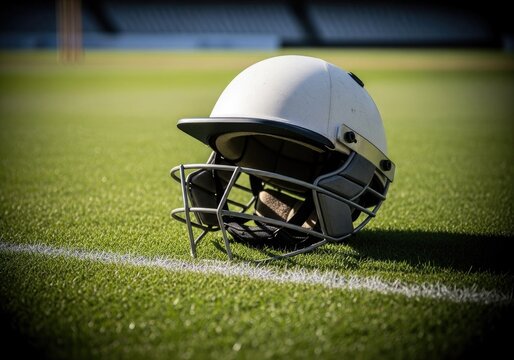 Cricket sport White helmet with metal grill and guards set on white line on green sports field used in active games
