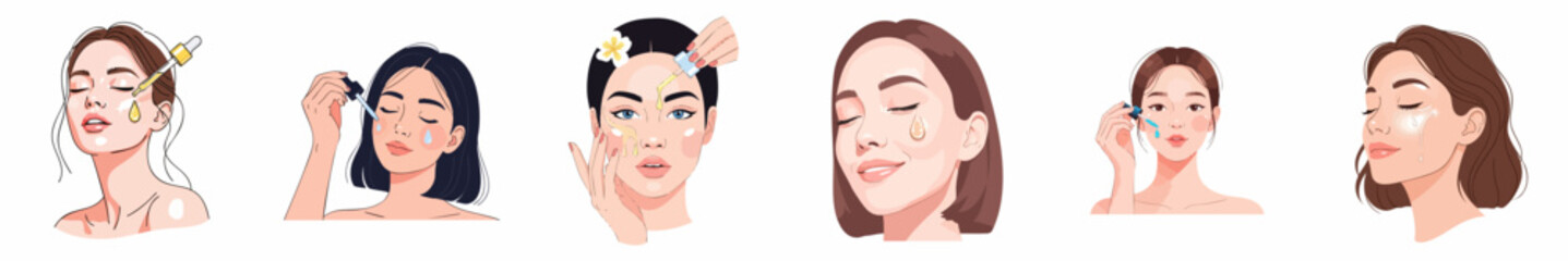Elegant Handdrawn Beauty Treatment and Skincare Routine Illustration of Female Face