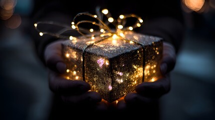Hand holding a Christmas gift box with lights in a dark background. Gift box with golden lights on a dark background. Christmas and New Year concept.