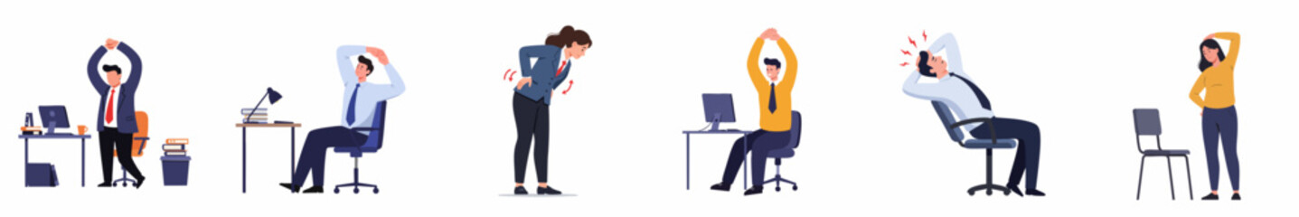 Flat Illustration Set of People Doing Stretching Exercise at Workplace