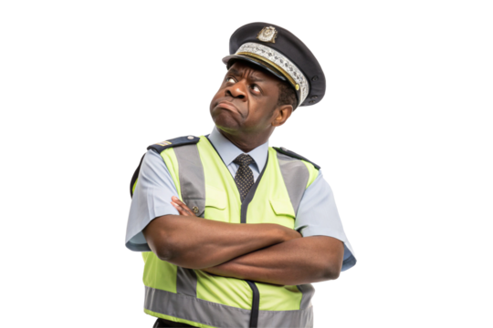 Frustrated male security guard in reflective vest with arms crossed, looking up with angry expression, isolated on white