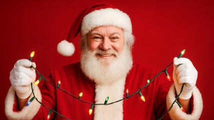 Smiling Santa Claus in his red suit holds up a string of colorful LED Christmas lights against a solid red background for holiday promotions or winter season greetings - Powered by Adobe