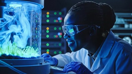 Scientist Observes Jellyfish in Bioluminescent Aquarium Tank - Powered by Adobe