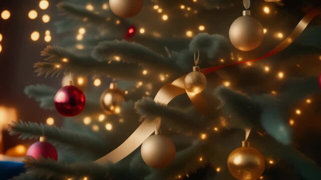 &Aacute;rbol de Navidad grande y frondoso. Est&aacute; profusamente decorado con una combinaci&oacute;n de elementos cl&aacute;sicos: Esferas (bolas) grandes y brillantes en colores rojo (reflectantes) y dorado (acabado mate).