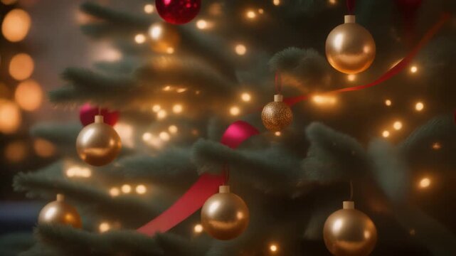 &Aacute;rbol de Navidad grande y frondoso. Est&aacute; profusamente decorado con una combinaci&oacute;n de elementos cl&aacute;sicos: Esferas (bolas) grandes y brillantes en colores rojo (reflectantes) y dorado (acabado mate).