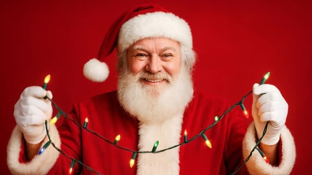 Smiling Santa Claus in his red suit holds up a string of colorful LED Christmas lights against a solid red background for holiday promotions or winter season greetings