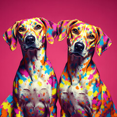 Two loving dogs in their unique fashion style, ready for Valentine’s Day, their bodies covered in colorful hearts. Stock Illustration | Adobe Stock