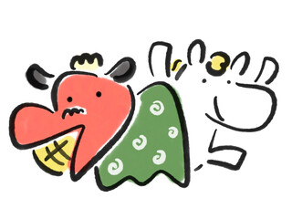 墨絵のかわいい獅子舞とバンザイする白馬　正月素材