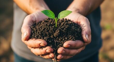 Hands holding fertile soil with a young plant seedling, symbolizing growth and new beginnings in agriculture and nature conservation efforts.