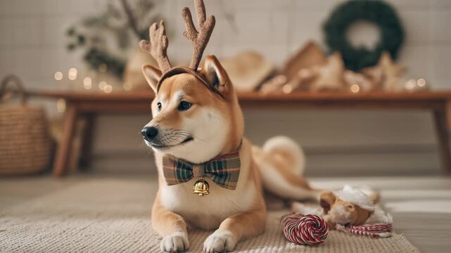 柴犬がトナカイ風カチューシャを着用