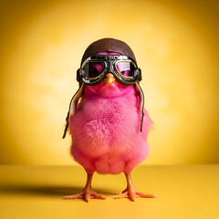 A pink chick wearing vintage aviator goggles and a pilot cap stands against a flat background, embodying a bold spirit of adventure and self-expression, Surreal Vintage Fashion Portrait