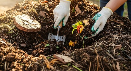 Hands in Compost Pile Turning Organic Matter for Garden Fertilization.