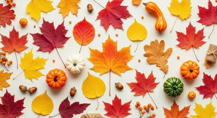 Obraz premium Colorful Autumn Leaves and Decorative Pumpkins on a White Background for Seasonal Themes